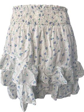 Rochelle Behrens Floral Blue White Ruffled Elastic Waist Skirt Womens M